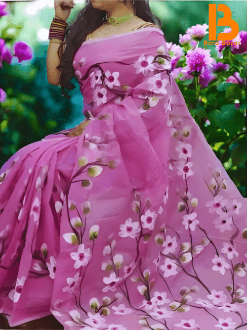 মনোমুগ্ধকর হাফ সিল্ক শাড়ি (হ্যান্ডপ্রিন্ট)