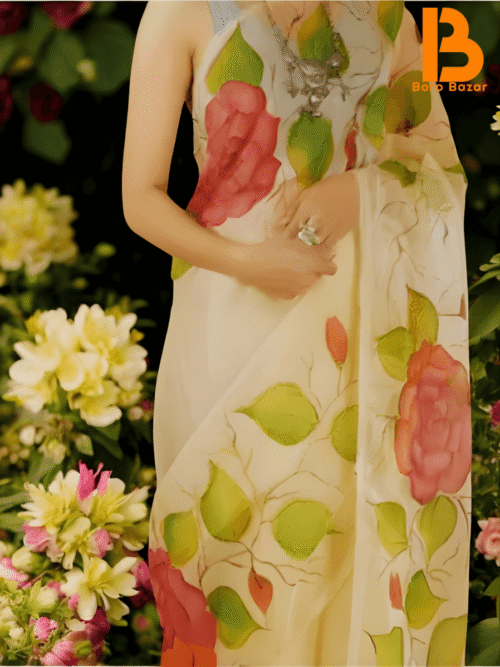 হাফ সিল্ক শাড়িতে হ্যান্ডপ্রিন্ট তুলির কাজ