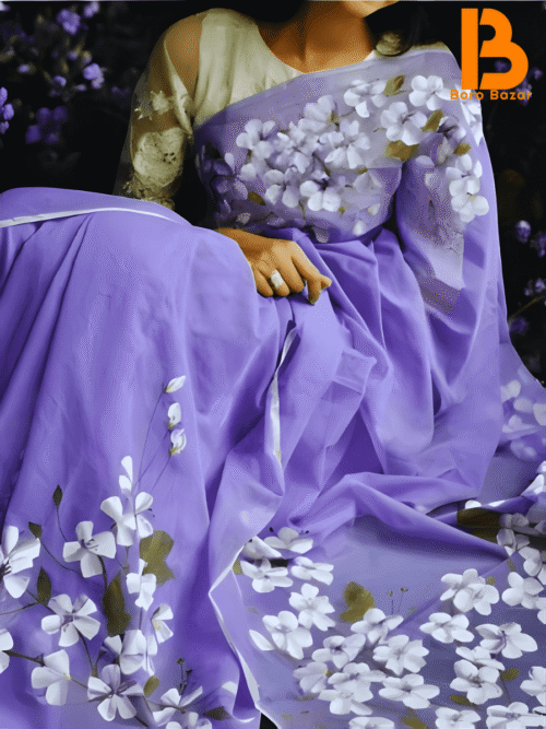 🌸 হ্যান্ড প্রিন্ট হাফ সিল্ক শাড়ি