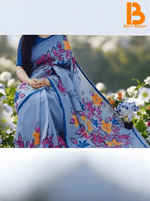 হাফ সিল্ক শাড়িতে হ্যান্ডপ্রিন্ট তুলির কাজ