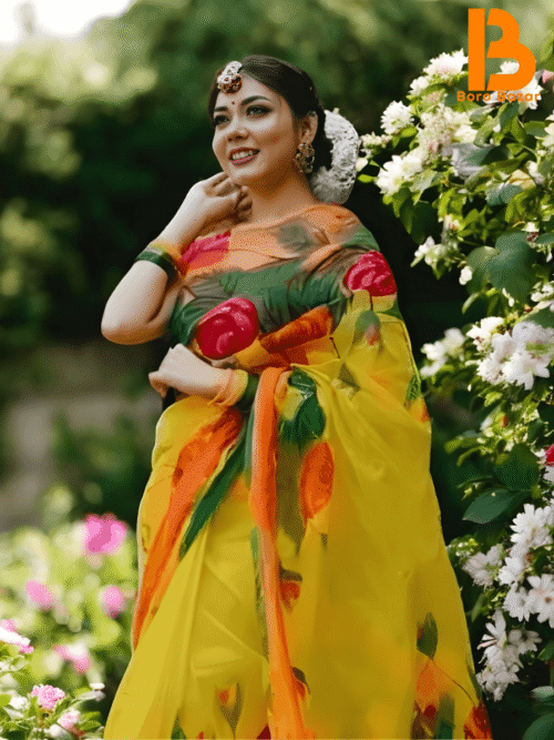 হাফ সিল্ক শাড়িতে হ্যান্ডপ্রিন্ট তুলির কাজ