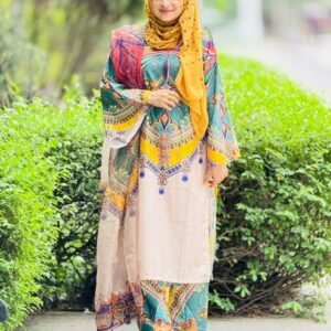 ট্রেন্ডিং চেরি সিল্ক ডিজিটাল প্রিন্ট থ্রি পিস