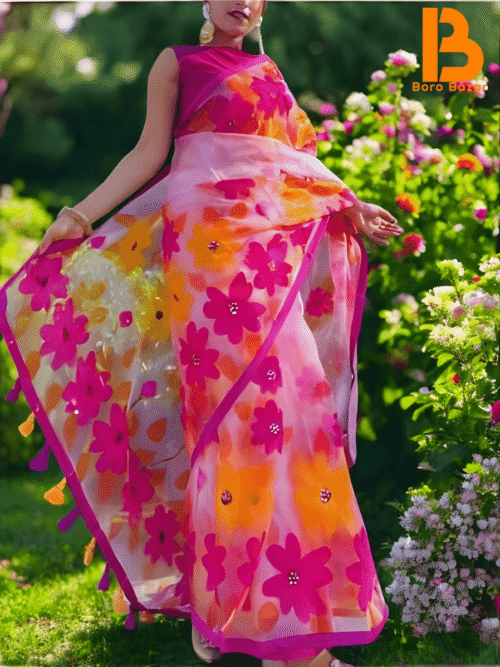 🌸 হ্যান্ড প্রিন্ট হাফ সিল্ক শাড়ি