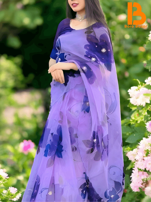 🌸 হ্যান্ড প্রিন্ট হাফ সিল্ক শাড়ি