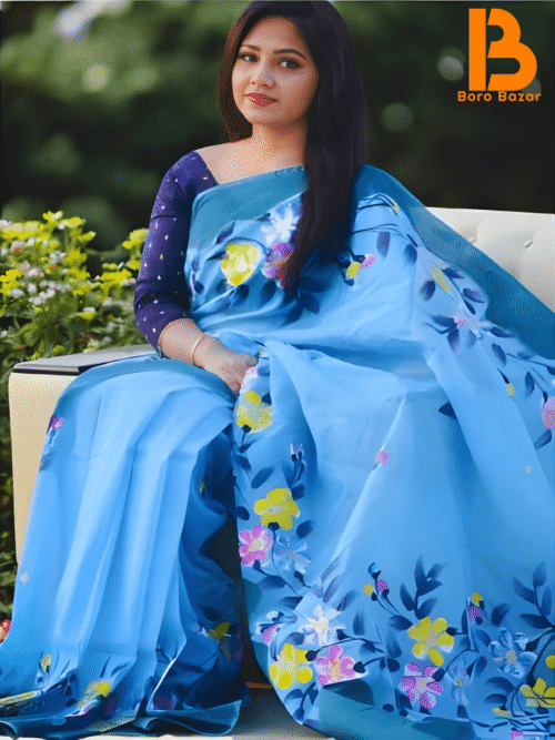 🌸 হ্যান্ড প্রিন্ট হাফ সিল্ক শাড়ি