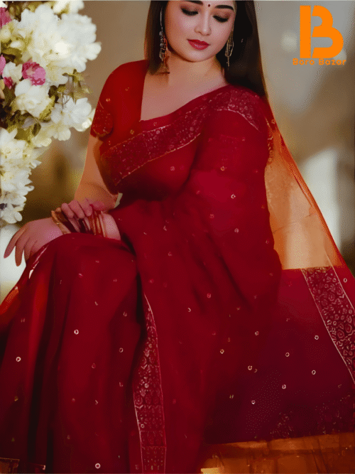 হাফসিল্ক গ্লিটার ওয়ার্ক আফসান প্রিন্ট শাড়ি ব্লাউস পিস সহ