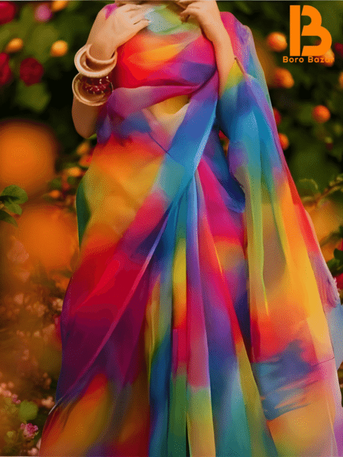 হাফসিল্ক শাড়ীতে হ্যান্ডপ্রিন্ট তুলির কাজ